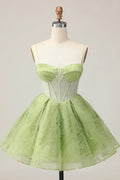 Green Corset A Line Spaghetti Straps Short Homecoming Dress