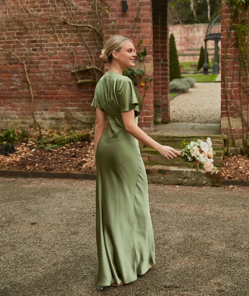 Beautiful Timeless Special Occasion Sophisticated Graceful Elegant Champagne Satin Pleated Bridesmaid Dress