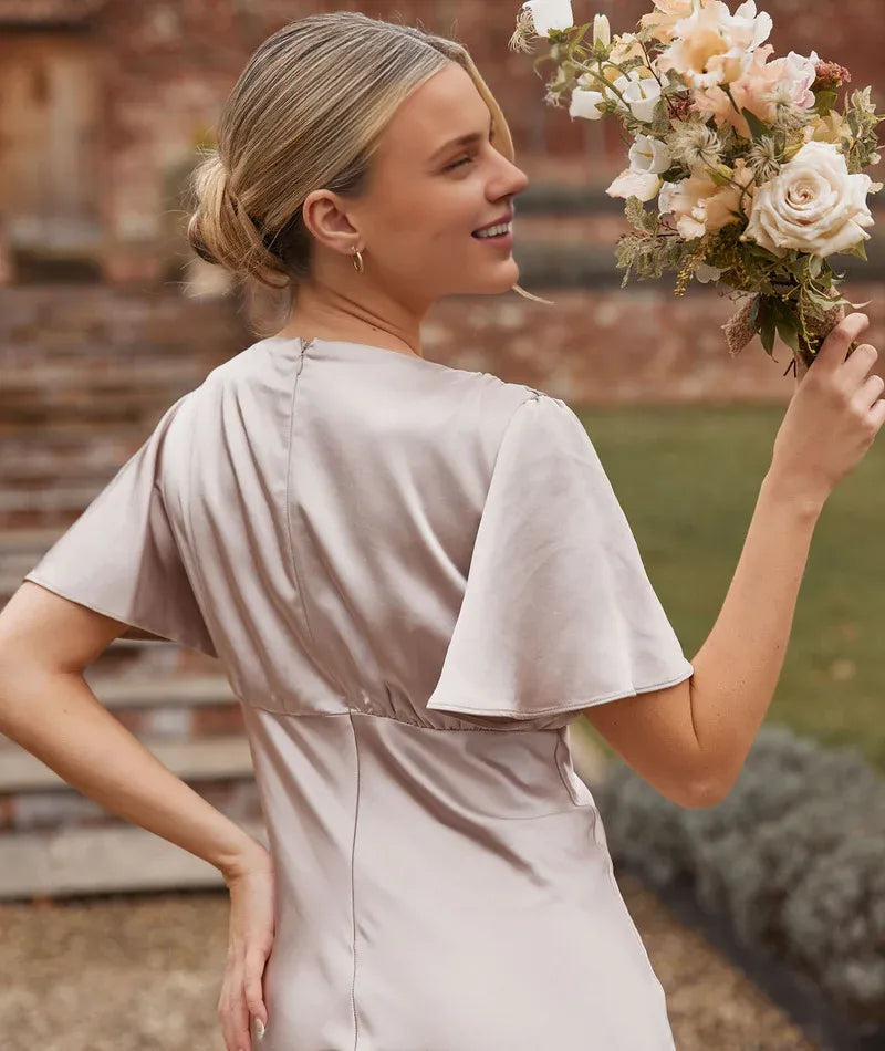 Graceful Stylish Refined Beautiful Timeless Special Occasion Elegant Champagne Satin Bridesmaid Dress