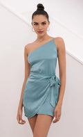 Green One Shoulder Homecoming Dress with Wrap Design and Side Tie Perfect for School Dances