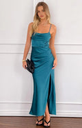 Green Prom Dress Cowl Neck Spaghetti Straps Side Slit for a Sophisticated Alluring Look