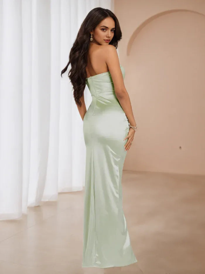 Green Prom Dress Strapless Draped Bodice Effortless Parisian Chic for Evening Galas