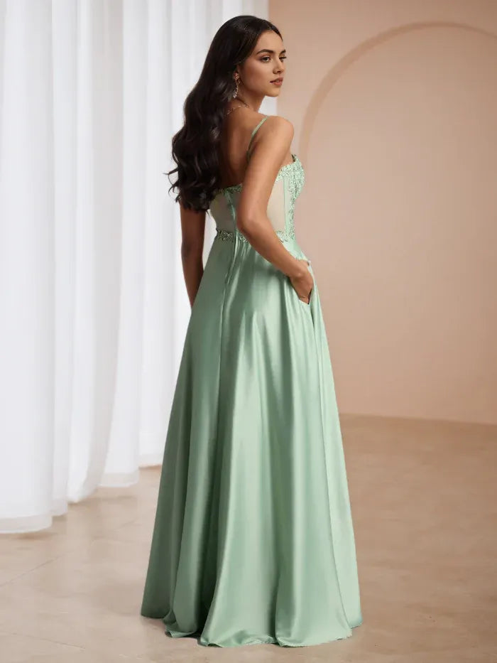 Green Prom Dress with Bodice Spaghetti Straps High Slit Romantic Evening Gown for Formal Dances