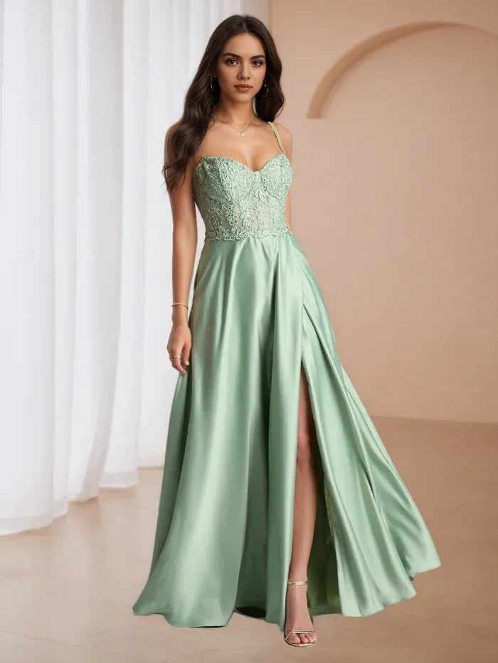 Green Prom Dress with Bodice Spaghetti Straps High Slit Romantic Evening Gown for Formal Dances