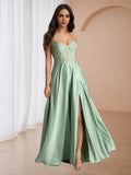 Green Prom Dress with Bodice Spaghetti Straps High Slit Romantic Evening Gown for Formal Dances
