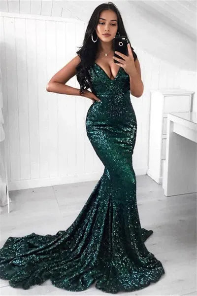 Elegant Green Sequin Mermaid Classic-Neck Classic-Sleeve Classic-Back Floor-Length Prom Dress