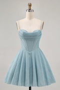 Blue Grey Corset A Line Spaghetti Straps Short Homecoming Dress