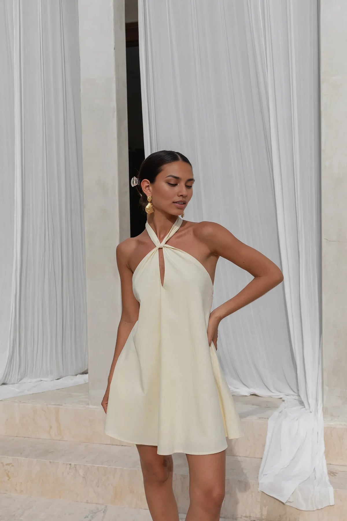 Timeless Special Occasion Sophisticated Elegant Yellow Satin A-Line Halter Sleeveless Homecoming Dress