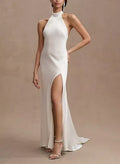 Halter Sleeveless Like Sheath Fitted Wedding Dresses Split Front