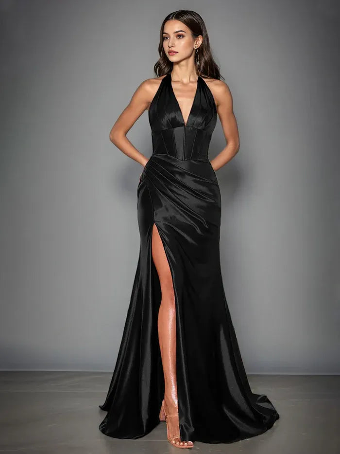 Halter V-Neck Trumpet/Mermaid High Waist Ruched Prom Dress With Slit