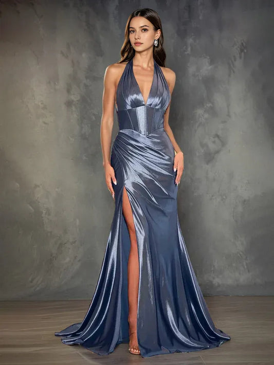 Elegant Red Slit Mermaid V-Neck Classic-Sleeve Classic-Back Floor-Length Prom Dress