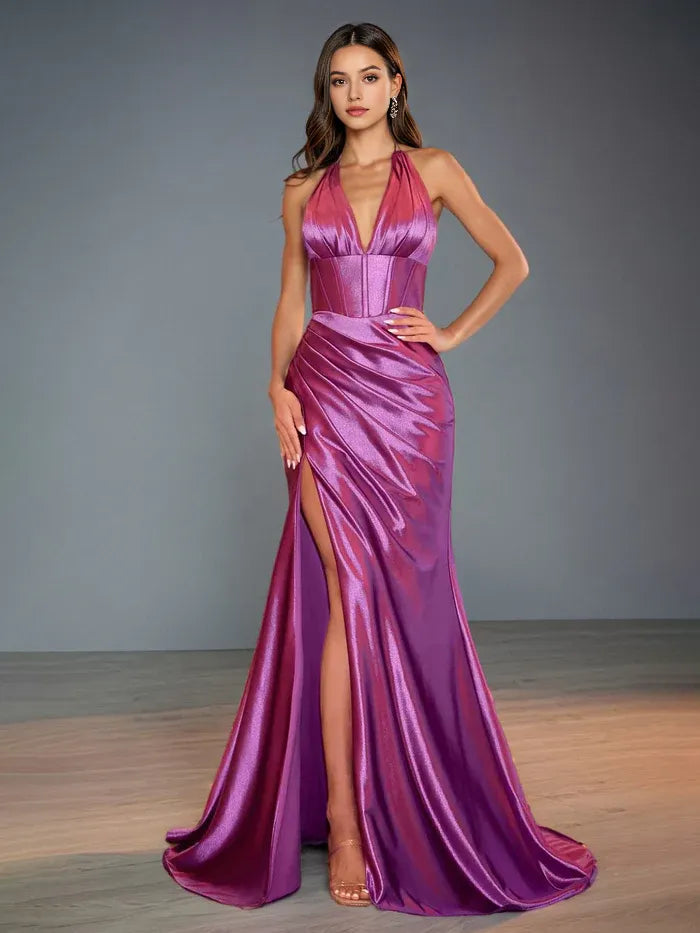 Halter V-Neck Trumpet/Mermaid High Waist Ruched Prom Dress With Slit