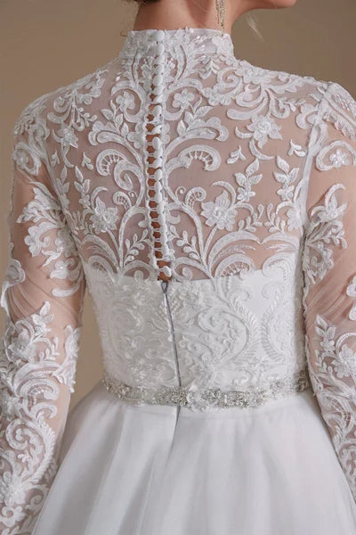 High Collar Long Sleeves Floor Length Wedding Dress