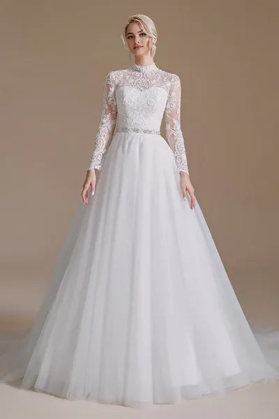 High Collar Long Sleeves Floor Length Wedding Dress