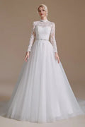 High Collar Long Sleeves Floor Length Wedding Dress