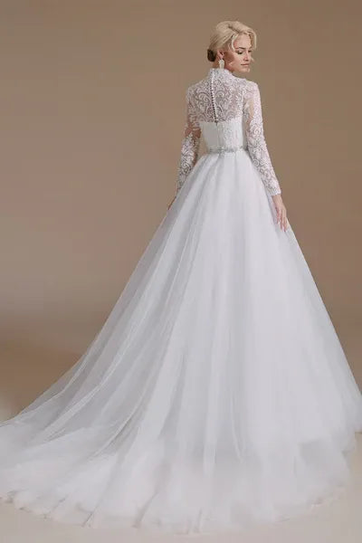 High Collar Long Sleeves Floor Length Wedding Dress
