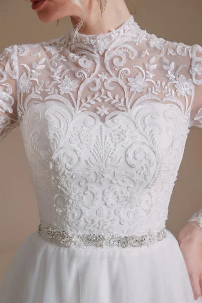 High Collar Long Sleeves Floor Length Wedding Dress