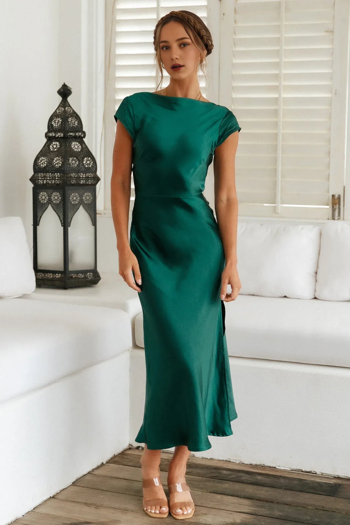 Beautiful Timeless Chic Elegant Green Satin Mermaid Cowl Open Back Prom Dress
