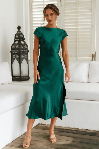 Beautiful Timeless Chic Elegant Green Satin Mermaid Cowl Open Back Prom Dress