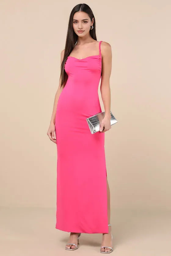 Hot Pink Bodycon Prom Dress with Cowl Neckline Spaghetti Straps Side Slit Ruched Back Detail Perfect for Formal Galas