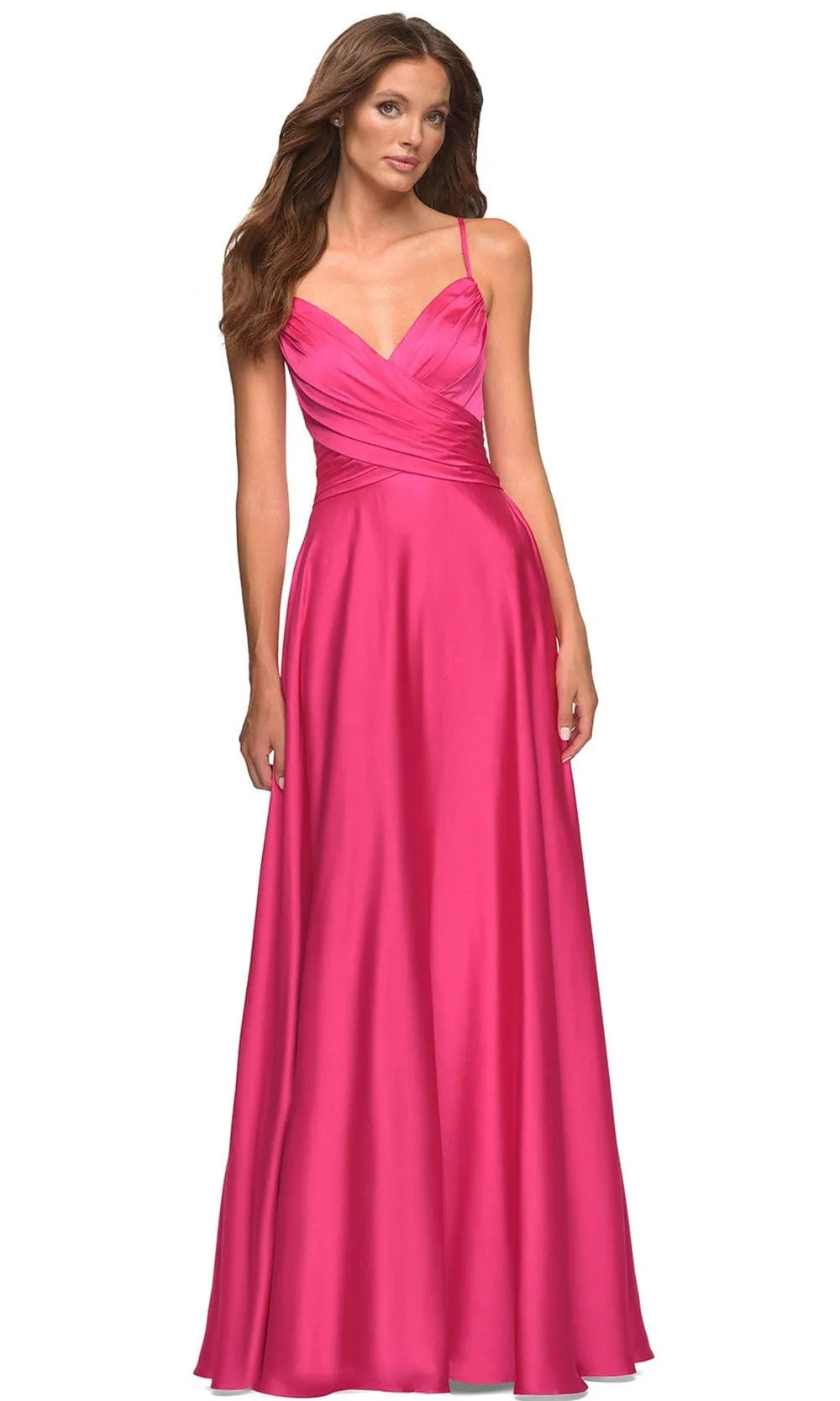 Hot Pink Evening Dress with Cross Wrap Bodice Spaghetti Straps Side Slit and Pockets for Glamorous Occasions