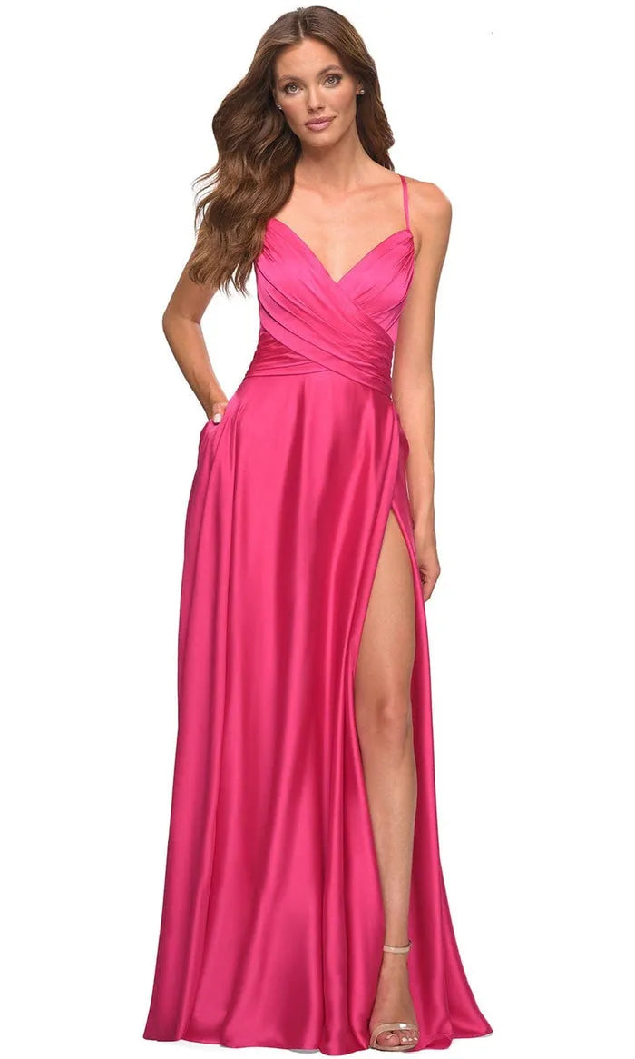 Hot Pink Evening Dress with Cross Wrap Bodice Spaghetti Straps Side Slit and Pockets for Glamorous Occasions