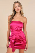 Hot Pink Homecoming Dress Strapless Ruched Design Bow Accent Steal the Show at Your School Dance Like a Glam Queen