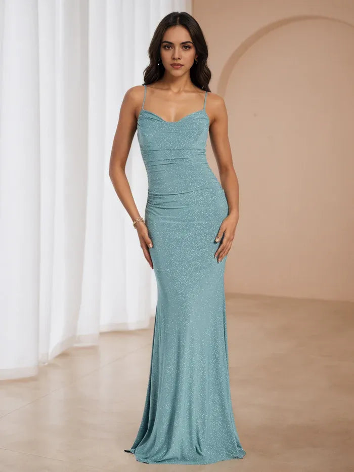Blue Ice Glitter Mermaid Prom Dress Spaghetti Straps Ruched Bodice Chic Elegance for Formal Galas