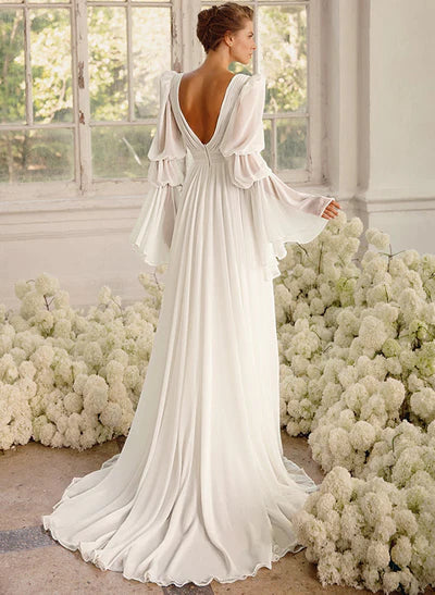 Illusion Neck Long Sleeves Chic A-line Elegant Wedding Dresses Pleated