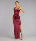 Sophisticated Graceful Stylish Refined Elegant Burgundy Satin Cowl Sleeveless Floor-Length Prom Dress