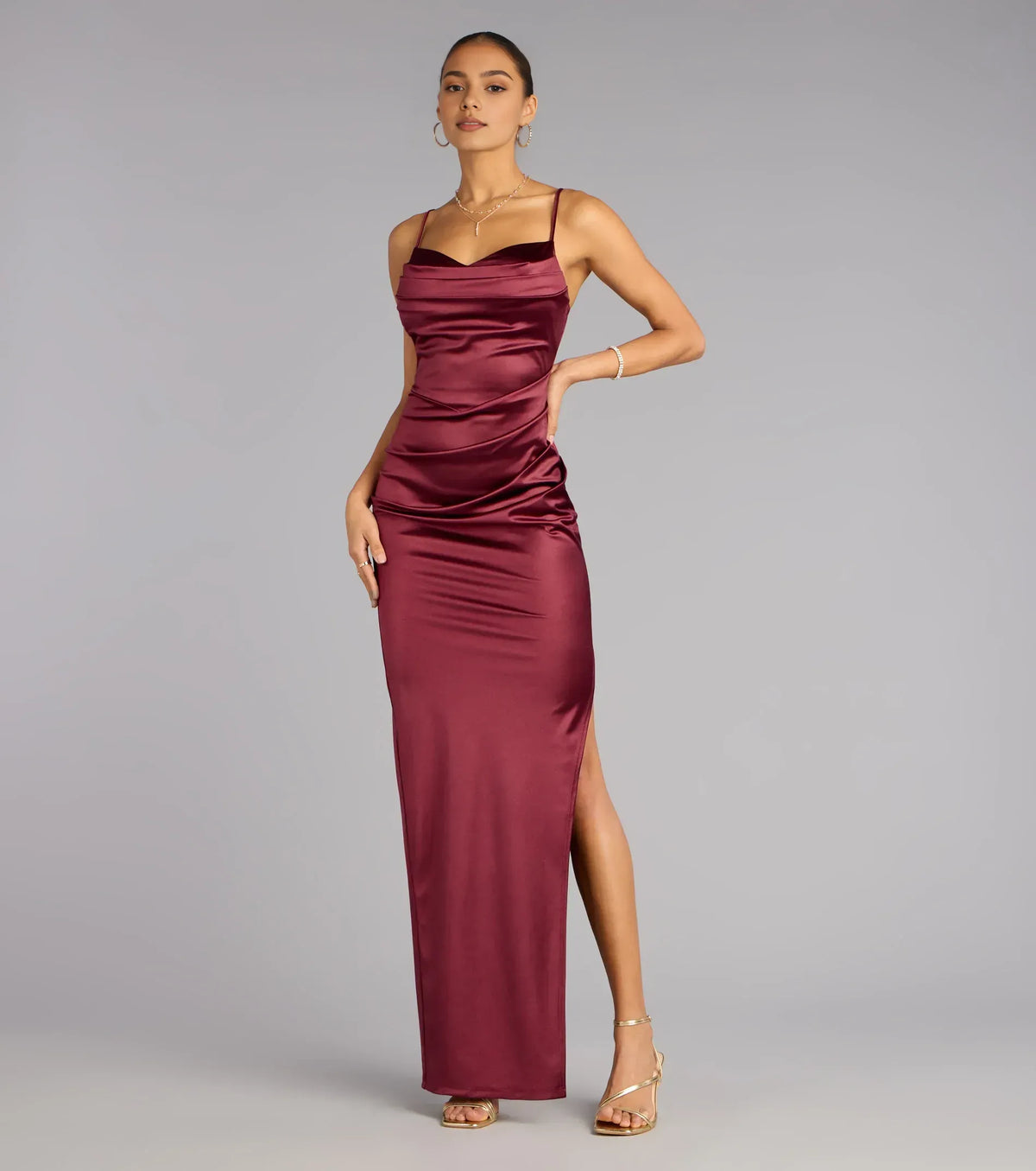 Sophisticated Graceful Stylish Refined Elegant Burgundy Satin Cowl Sleeveless Floor-Length Prom Dress