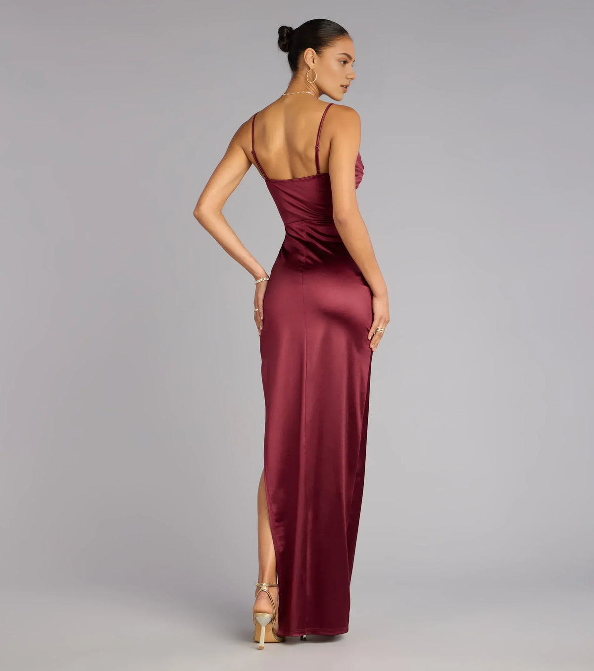 Sophisticated Graceful Stylish Refined Elegant Burgundy Satin Cowl Sleeveless Floor-Length Prom Dress