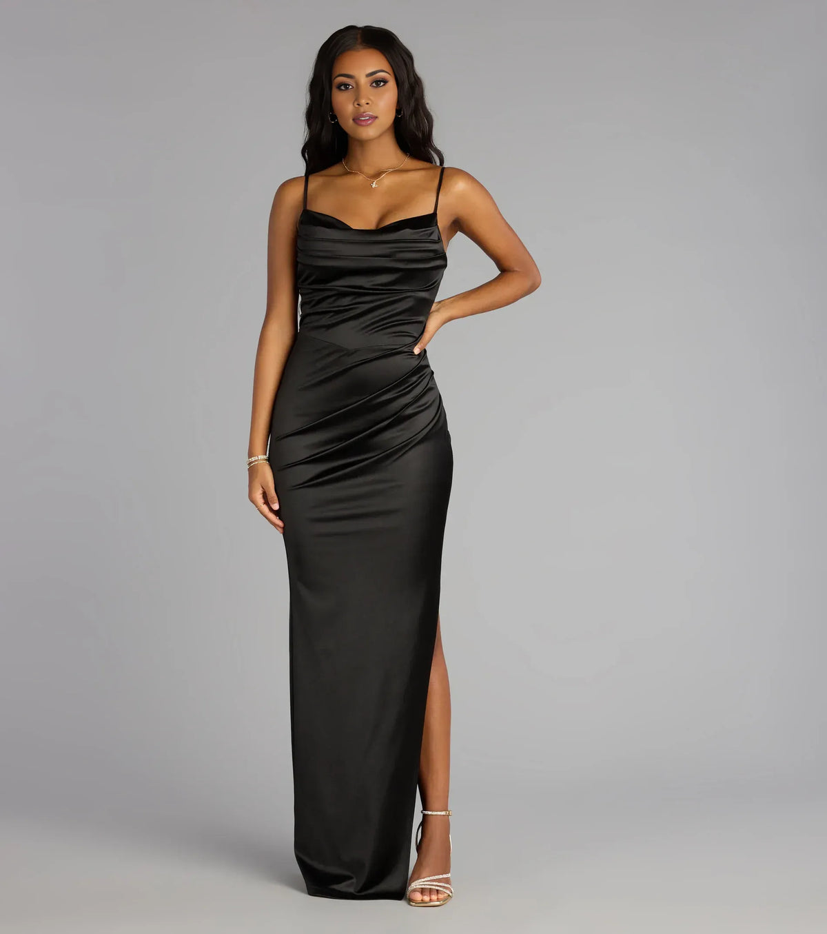 Sophisticated Graceful Stylish Refined Elegant Burgundy Satin Cowl Sleeveless Floor-Length Prom Dress