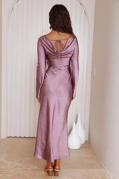 Graceful Stylish Refined Elegant Purple Satin Mermaid Long Sleeve Long Prom Dress
