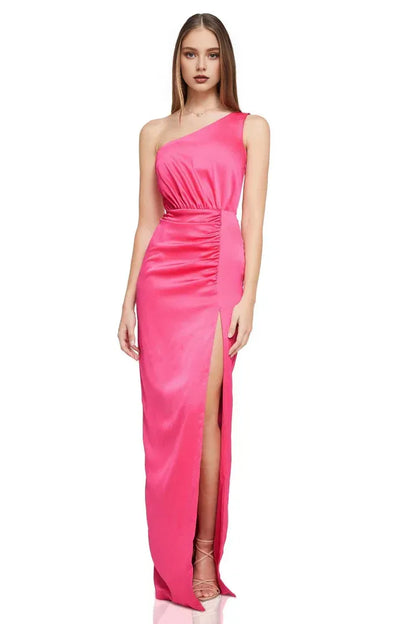 Special Occasion Sophisticated Elegant Hot Pink Satin Sheath Sleeveless Floor-Length Prom Dress