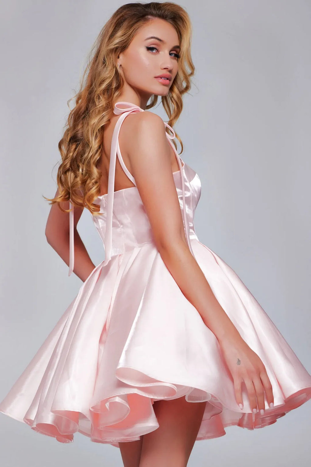 Inspired Blush Homecoming Dress Sweetheart Neckline Bow Straps Flowy Skirt