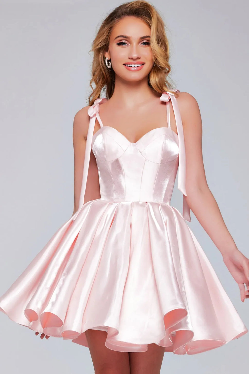 Inspired Blush Homecoming Dress Sweetheart Neckline Bow Straps Flowy Skirt
