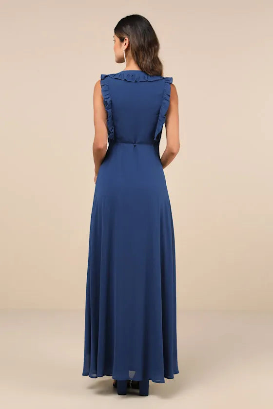 Navy Blue Inspired Evening Dress with Ruffled V - Neck Tie - Waist Detail Sleeveless Timeless Sexy