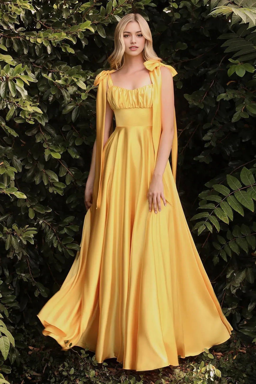 Yellow Inspi Yellow Prom Gown with Bow Tied Straps Ruched Bodice A Radiant Choice for Enchanting Evenings