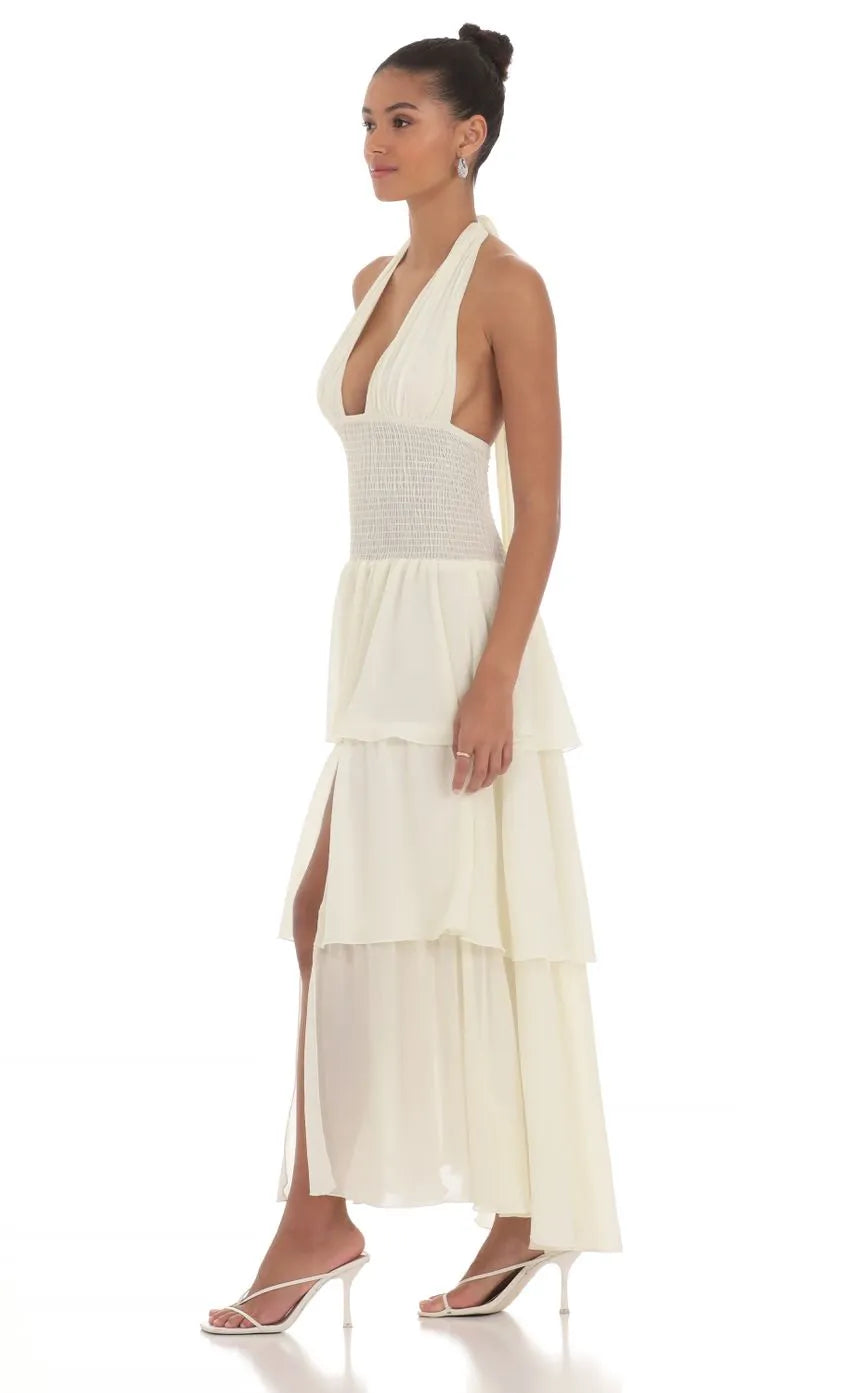 Ivory Halter Neck Prom Dress with Deep V Neckline Smocked Waistband Tiered Ruffle Skirt and High Thigh Slit for a Romantic Formal Look