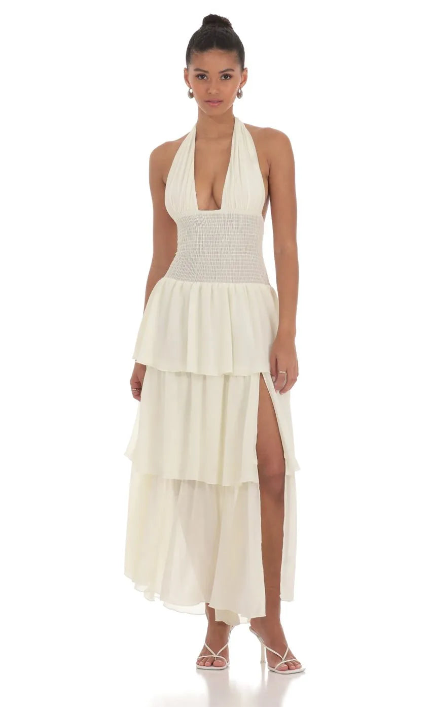 Ivory Halter Neck Prom Dress with Deep V Neckline Smocked Waistband Tiered Ruffle Skirt and High Thigh Slit for a Romantic Formal Look