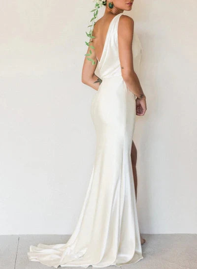 Ivory Cowl Neck Wedding Dress with High Side Slit