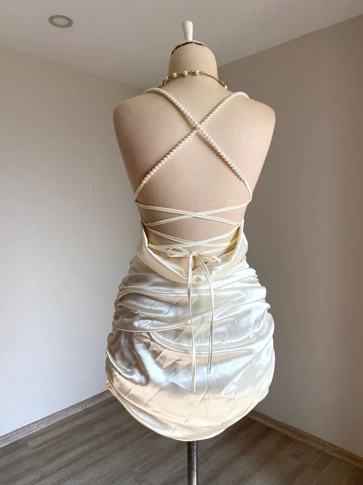 Ivory Homecoming Dress with Pearl Strap Neckline Ruched Bodice and Sweetheart Cut Luxe Fabric for Elegant School Events