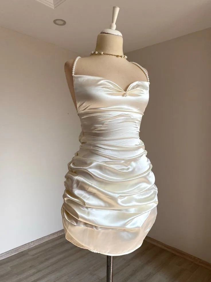 Ivory Homecoming Dress with Pearl Strap Neckline Ruched Bodice and Sweetheart Cut Luxe Fabric for Elegant School Events