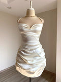Ivory Homecoming Dress with Pearl Strap Neckline Ruched Bodice and Sweetheart Cut Luxe Fabric for Elegant School Events