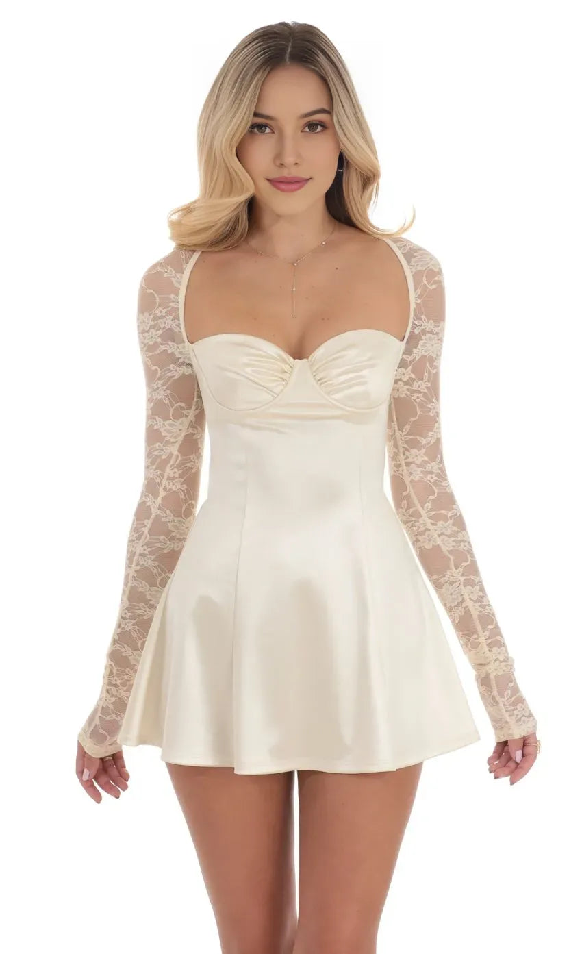 Ivory Sleeved Homecoming Dress Sweetheart Neckline Flared Skirt Luxe Textures for School Dance Glamour