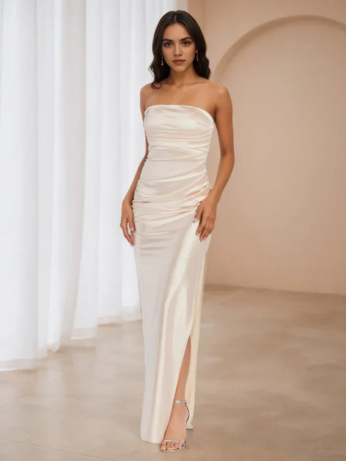 Ivory Strapless Ruched Prom Dress with High Slit Elegant Evening Gown for Formal Dances