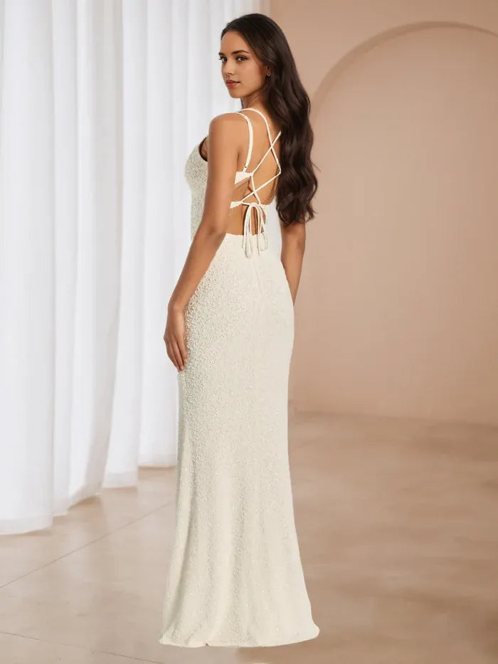 Ivory Prom Dress Plunge V - Neckline Spaghetti Straps Mermaid Fit for Timeless Gala Sparkle