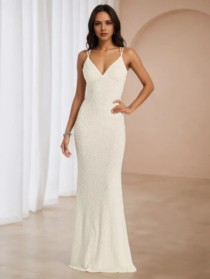 Ivory Prom Dress Plunge V - Neckline Spaghetti Straps Mermaid Fit for Timeless Gala Sparkle