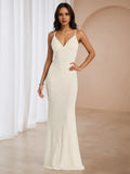 Ivory Prom Dress Plunge V - Neckline Spaghetti Straps Mermaid Fit for Timeless Gala Sparkle